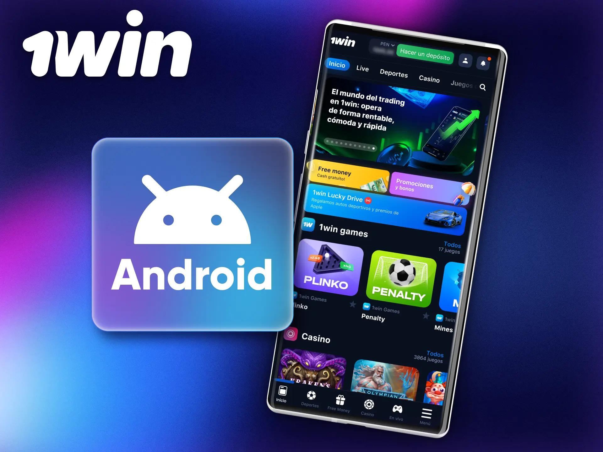 Descarga 1Win en tu teléfono Android para apostar cómodamente sobre la marcha.